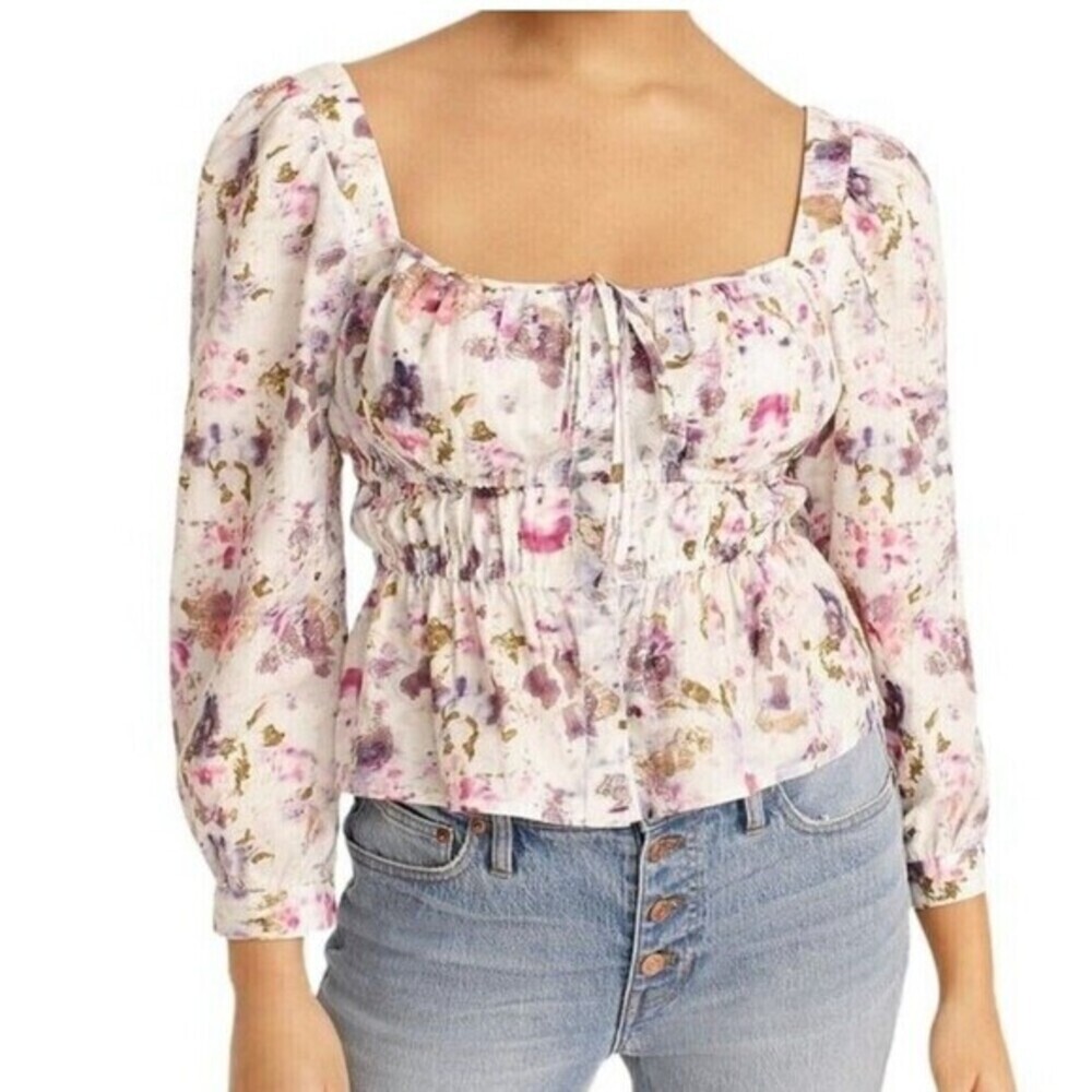 Square Neck Peplum Top Floral Print Long Sleeve Tie Front Gathered Waist